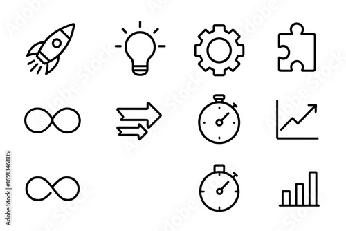 Innovation Icon Set. Outline icon set of innovation and agility: rocket, light bulb, gear, puzzle piece,