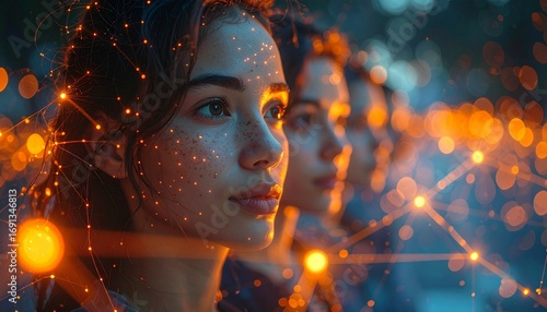 A woman's profile illuminated by a glowing digital network, symbolizing futuristic connection and artificial intelligence.
