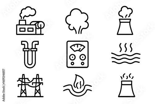 Geothermal Energy Icons. Outline icon set of geothermal energy stations: geothermal plant, steam cloud,
