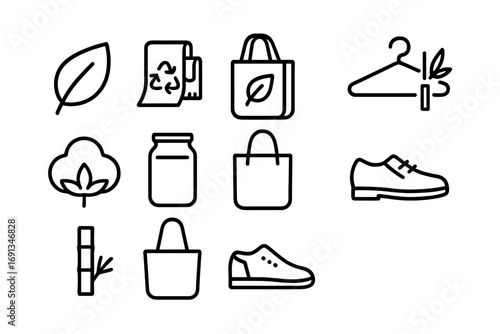 Sustainable Fashion Icons. Outline icon set of sustainable seasonal fashion: leaf, recycled fabric, eco bag,