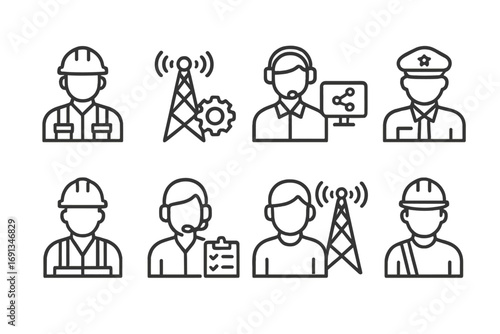 Communication Tower Professionals. Outline icon set of communication tower operators: technician, engineer, network manager,