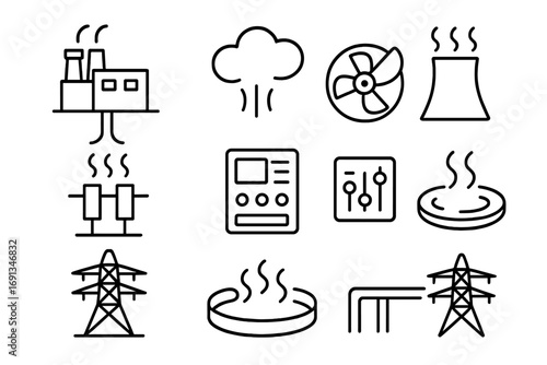 Geothermal Energy Icons. Outline icon set of geothermal energy stations: geothermal plant, steam cloud,