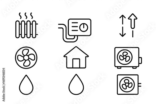 Geothermal Icon Grid. Outline icon set of geothermal heating and cooling: radiator, underground pipe,