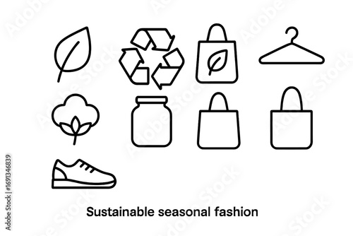 Sustainable Fashion Icons. Outline icon set of sustainable seasonal fashion: leaf, recycled fabric, eco bag,