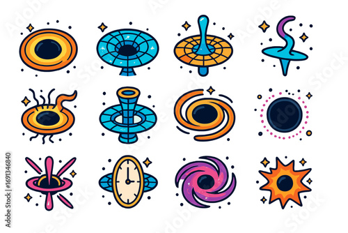 Colorful Black Hole Icons. Colorful isometric vector icons set of black holes and singularities: event horizon, accretion disk,