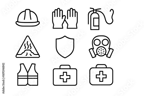 Geothermal Safety Icons. Outline icon set of geothermal safety: helmet, gloves, fire extinguisher, warning
