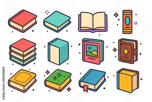 Colorful Book Icons. Colorful isometric vector icons set of book covers: hardback book, paperback book, open book, decorative book