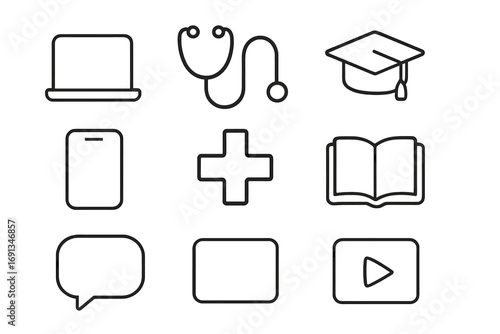 Digital Health Icon Set. Outline icon set of digital health education: laptop, stethoscope, graduation cap,