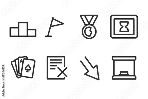 Competition Loss Symbols. Outline icon set of losing in competition: empty podium, fallen flag, broken medal, game over screen,