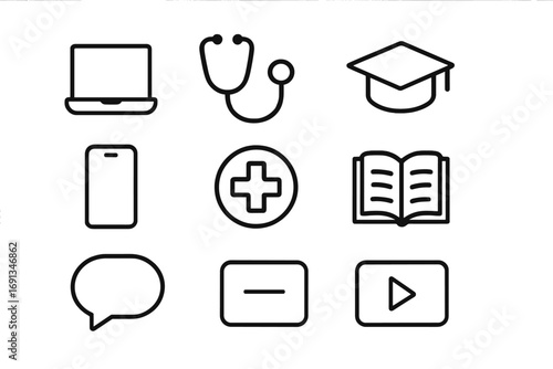 Digital Health Icon Set. Outline icon set of digital health education: laptop, stethoscope, graduation cap,