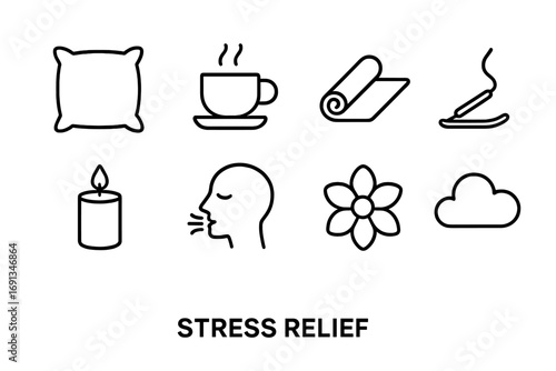 Stress Relief Icons. Outline icon set of stress relief: soft pillow, tea cup, yoga mat, incense, candle,