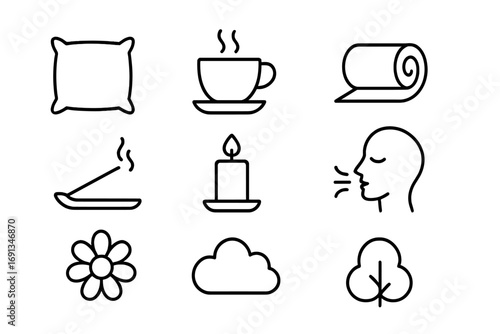 Stress Relief Icons. Outline icon set of stress relief: soft pillow, tea cup, yoga mat, incense, candle,