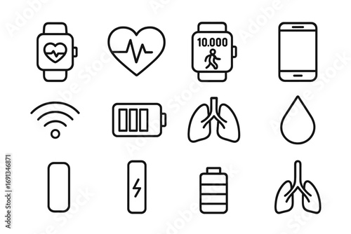 Wearable Health Tech Icons. Outline icon set of wearable health tech education: smartwatch, heart rate icon,