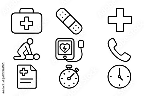 Digital First Aid Icons. Outline icon set of digital first aid education: first aid kit, bandage, cross symbol