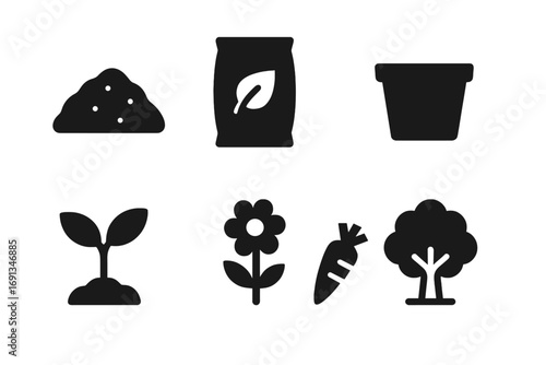 Compost Icons Set. Solid, filled icon set of compost end products: rich soil, fertilizer bag, plant pot, garden bed, sprout,