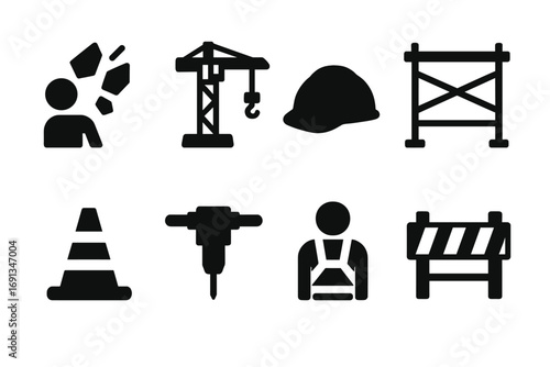 Construction Hazard Icons. Solid, filled icon set of construction hazards: falling debris, crane, helmet, scaffolding, warning