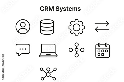 CRM Icons Grid. Outline icon set of CRM systems: user profile, database, gear, arrows, chat bubble, laptop,