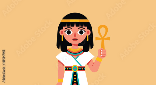 Cartoon illustration of an ancient Egyptian woman holding an Ankh.