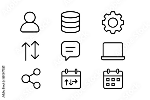 CRM Icons Grid. Outline icon set of CRM systems: user profile, database, gear, arrows, chat bubble, laptop,