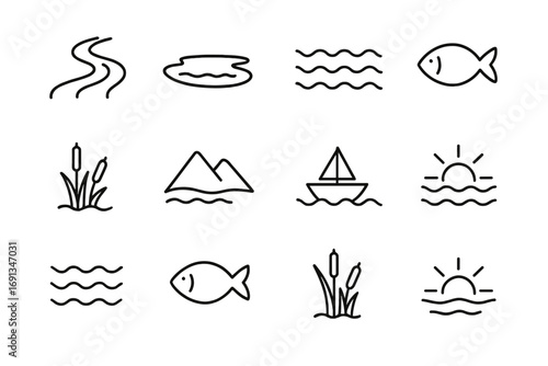 Water Icon Grid. Outline icon set of rivers and lakes: flowing river, calm lake, rippling water, fish, reeds,