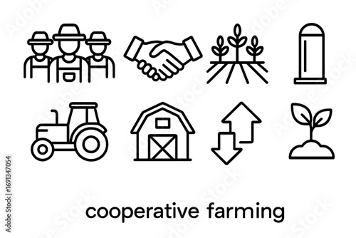 Cooperative Farming Icons. Outline icon set of cooperative farming: group of farmers, handshake, crop field,