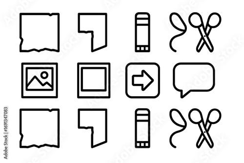 Collage Icon Set. Outline icon set of collage making: torn paper, magazine cutout, glue stick, scissors, photo