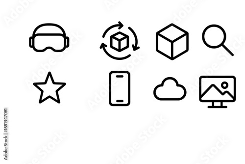 Immersive Product Icon Set. Outline icon set of immersive product experience: headset, arrows around item, 3D