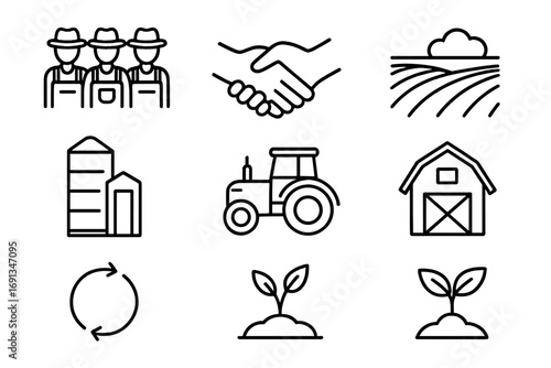 Cooperative Farming Icons. Outline icon set of cooperative farming: group of farmers, handshake, crop field,