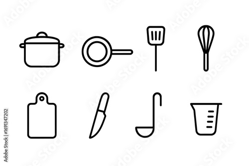 Cooking Utensil Icons. Outline icon set of cooking utensils: saucepan, frying pan, spatula, whisk, cutting board, knife, ladle,