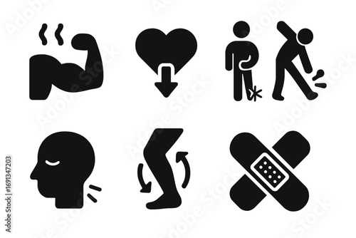 Cool Down Benefits Icons. Solid, filled icon set of cool down benefits: muscle relaxation, heart rate down, injury prevention,
