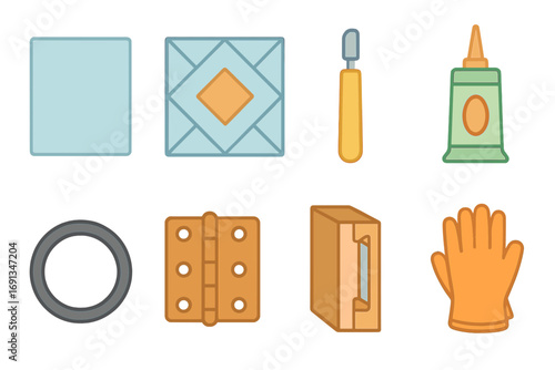 Colorful Door Hardware Icons. Flat vector mini-illustrations Installing decorative glass panel in colors children's illustrations: