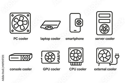 Cooler Icon Set. Outline icon set of cooler types by use: PC cooler, laptop cooler, smartphone cooler, server cooler, console