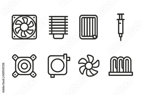 Cooler Components Icons. Outline icon set of cooler components: cooling fan, heatsink, radiator, thermal paste, water block, pump,