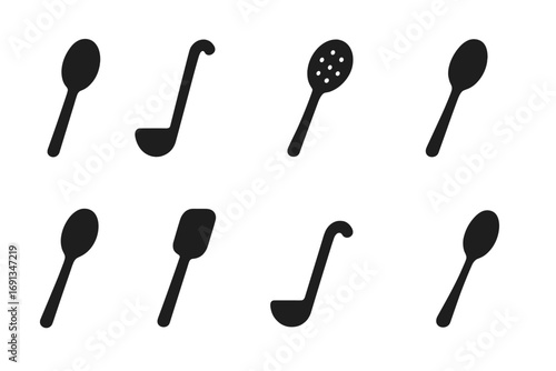 Cooking Spoon Icons. Solid, filled icon set of spoon in cooking: stirring spoon, ladle, slotted spoon, basting spoon, mixing spoon