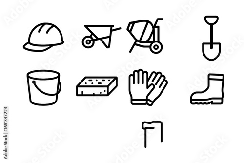 Concrete Work Tools Icons. Outline icon set of concrete workers pouring foundations: worker helmet,