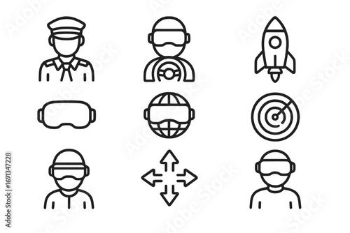 VR Simulation Icons. Outline icon set of VR simulations: pilot icon, driving wheel, space rocket, headset,
