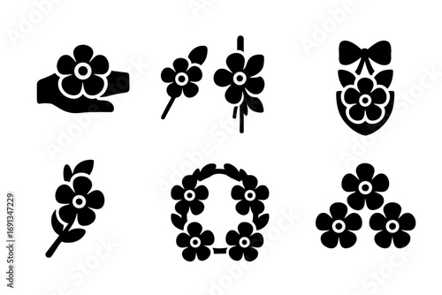 Corsage Icon Set. Solid, filled icon set of corsage styles: wrist corsage, pinned corsage, bouquet corsage, hanging corsage,