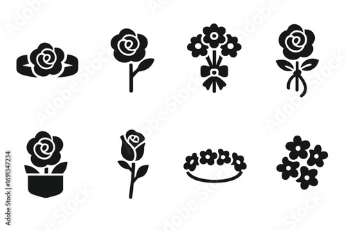 Corsage Icon Set. Solid, filled icon set of corsage styles: wrist corsage, pinned corsage, bouquet corsage, hanging corsage,