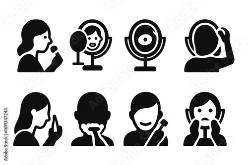 Cosmetic Routine Icons Grid. Solid, filled icon set of cosmetic mirror use: applying makeup, checking teeth, adjusting hair, face