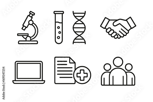 Medical Icon Set. Outline icon set of medical research collaboration: microscope, test tube, DNA strand,