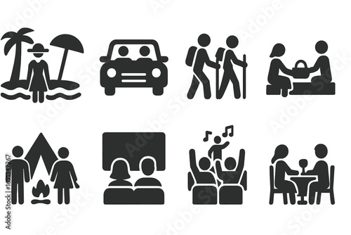 Couple Travel Icons. Solid, filled icon set of couple travel and leisure: beach vacation, road trip, hiking, picnic, camping,