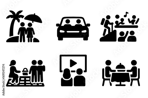 Couple Travel Icons. Solid, filled icon set of couple travel and leisure: beach vacation, road trip, hiking, picnic, camping,