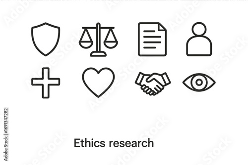 Ethical Research Icons. Outline icon set of ethical research: shield, balance scale, document, patient figure,