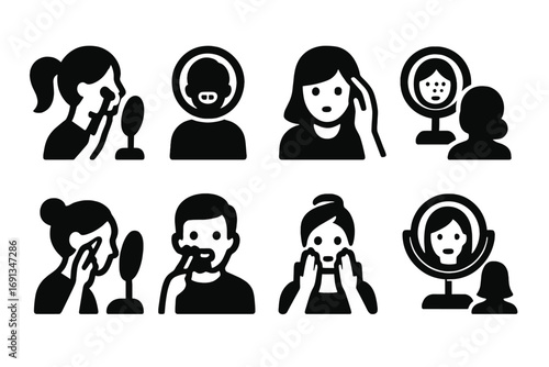 Cosmetic Routine Icons Grid. Solid, filled icon set of cosmetic mirror use: applying makeup, checking teeth, adjusting hair, face