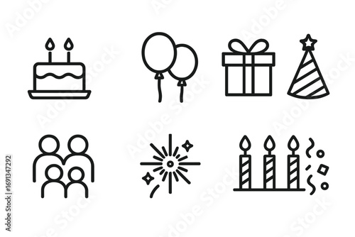 Cousin Celebration Icons. Outline icon set of cousin celebrations: birthday cake, balloons, gift box, party hat, family gathering,