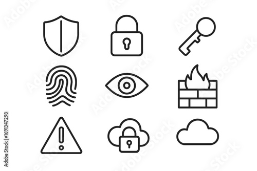 Cybersecurity Icon Set. Outline icon set of cybersecurity: shield, lock, key, fingerprint, eye, firewall,