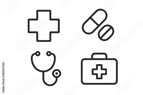 Medical and healthcare icon set. Simple line art symbols for medicine and health. Collection includes plus sign, pills, stethoscope, and first aid kit for web and print design.
