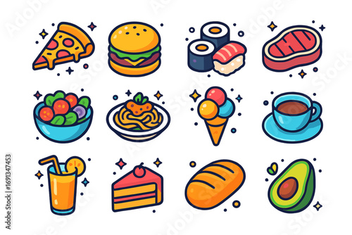 Colorful Food Icon Grid. Colorful isometric vector icons set of food: pizza, burger, sushi, steak, salad, spaghetti, ice cream,