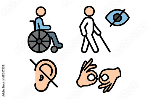 Disability and accessibility color line icon set. Inclusive design for disabled people. Vector symbols: wheelchair user, blind person, vision loss, deaf, hearing loss, sign language.