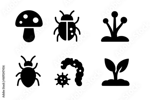 Crop Disease Icon Set. Solid, filled icon set of crop diseases and pests: fungus, insect, leaf spot, mold, aphid, caterpillar,